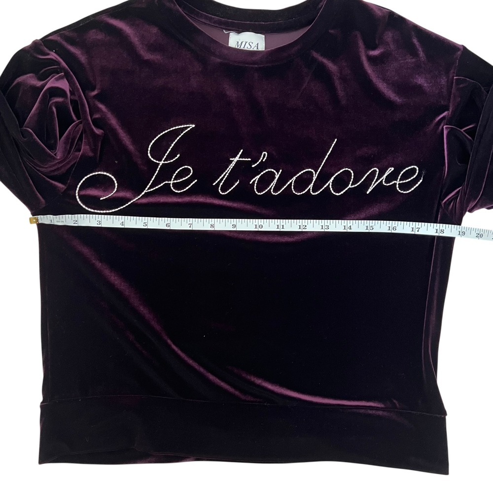 MISA Los Angeles Je T'adore Burgundy Velvet Puff Sleeve Sweatshirt Sweater SZ XS - Picture 10 of 12